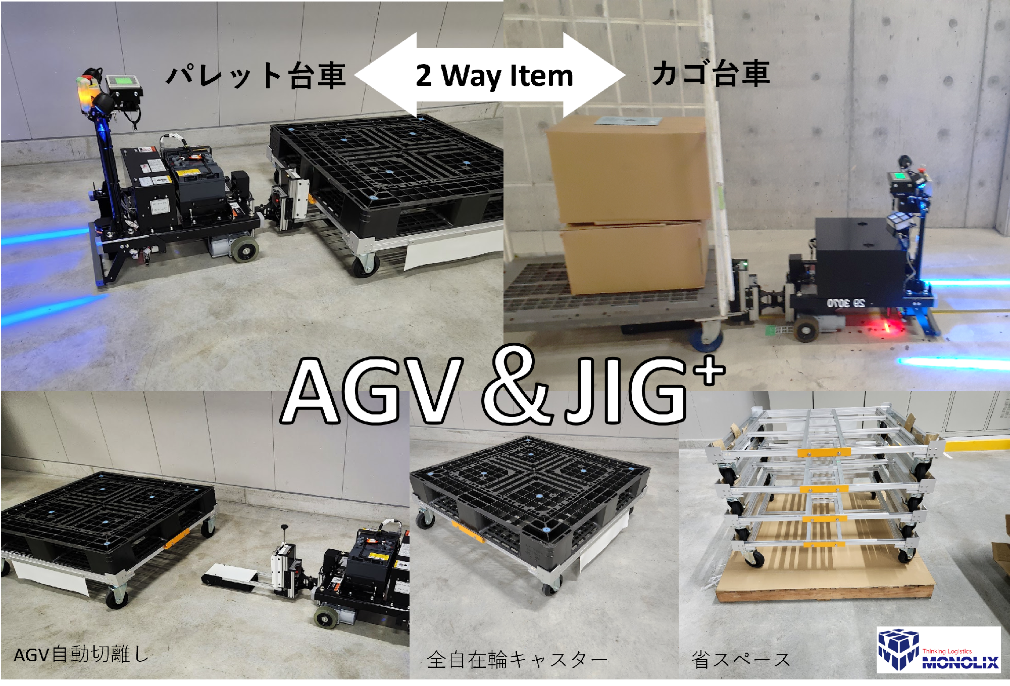 2 WAY Item パレット台車とカゴ台車のAGV兼用牽引搬送